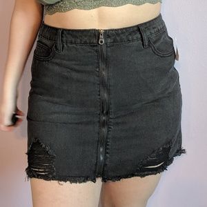 Distressed Black Denim Frayed Edge Skirt